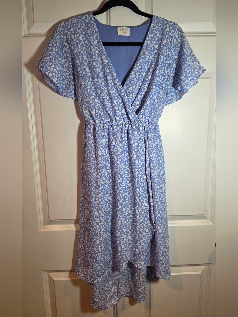 Sienna Sky Blue And White Floral Tie Back High Low Midi Dress S